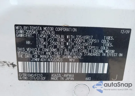 2010 Toyota Rav4 from USA, damaged, VIN JTMBF4DV1AD032423